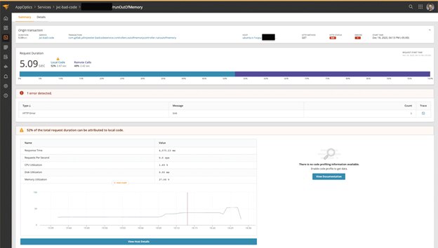 The trace summary view in AppOptics for the out of memory exception.