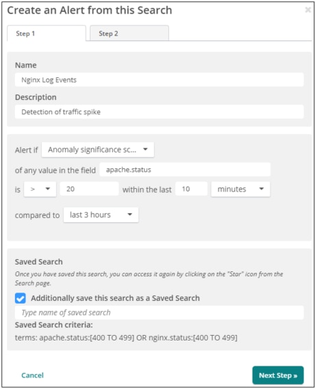 Creating an alert from a log search in SolarWinds Loggly.