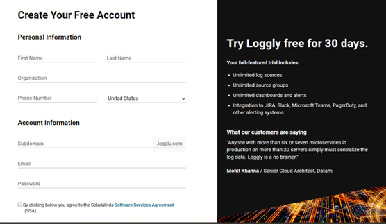 Loggly sign up form