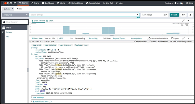 Loggly users can identify errors using a visual representation as well in a formatted log file. 